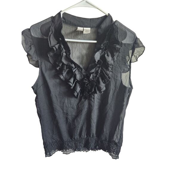 Vintage L8ter Later Womens Sz S Semi Sheer Short Sleeve Blouse Black Ruffled - Picture 1 of 3